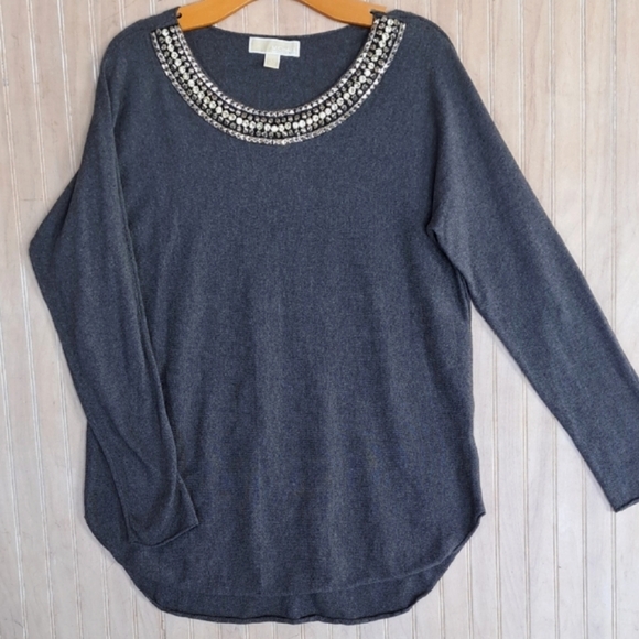 Michael Kors Tunic Charcoal Embellished Rhinestone Studded Pullover Sweater - Picture 1 of 10